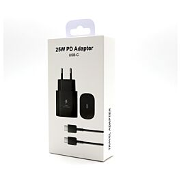 Power Adapter with Single USB-C Outlet 25W And USB-C Cable 1M EU Standard with CE Mark Black